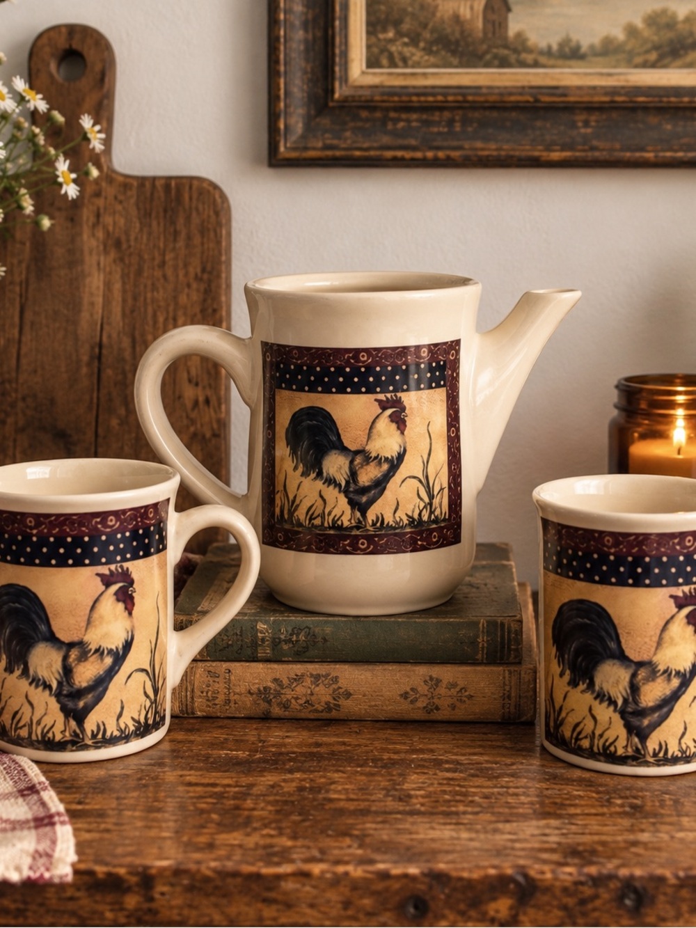 Vintage Cream Ceramic Rooster Pitcher and Mug Set